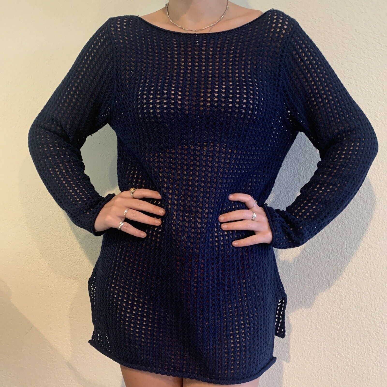 Jeanne Pierre Navy Open Knit Cotton Crochet Long Sleeve Sweater Top Large Tunic